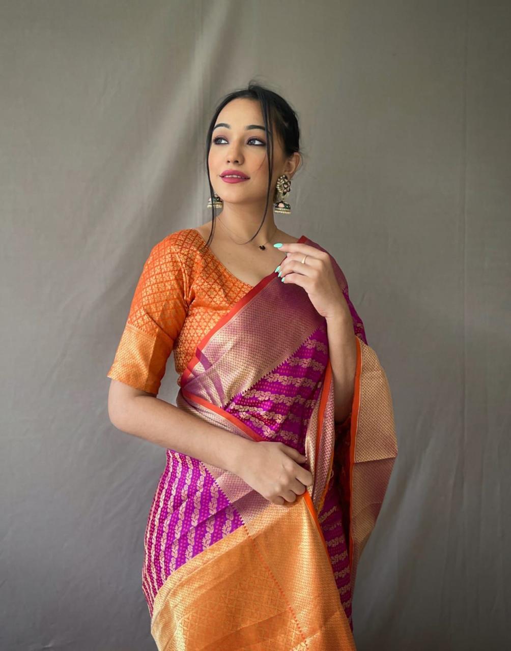 Magenta & Orange Banarasi Gold Zari Weaved Saree