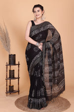 Load image into Gallery viewer, Black Hand Block Printed Linen Cotton Saree
