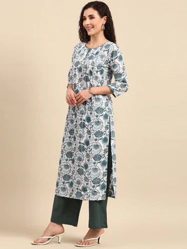 Grey  Cotton Kurta Palazzo Set With Dupatta