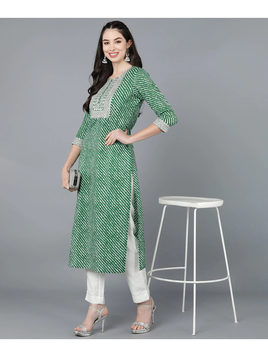 Green Lehariya cotton Kurti with Zari Embroidery work (Top Only)