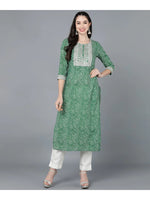 Load image into Gallery viewer, Green Lehariya cotton Kurti with Zari Embroidery work (Top Only)
