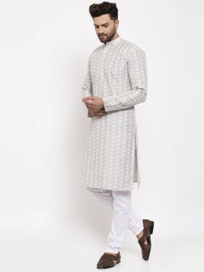 Silver Grey & White Embroidered Kurta Pyjama Set