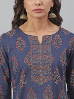 Load image into Gallery viewer, Navy Blue &amp; Maroon Block Printed  Soft Cotton Kurti With Pants
