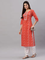 Load image into Gallery viewer, Orange Red Lehariya Printed Cotton Kurti With Embroidery Work
