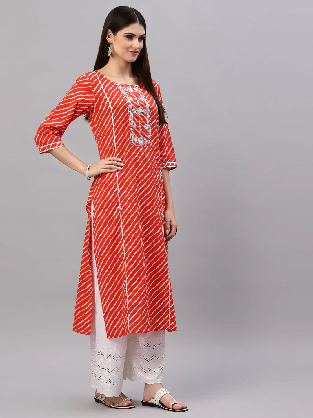 Orange Red Lehariya Printed Cotton Kurti With Embroidery Work