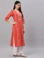Load image into Gallery viewer, Orange Red Lehariya Printed Cotton Kurti With Embroidery Work
