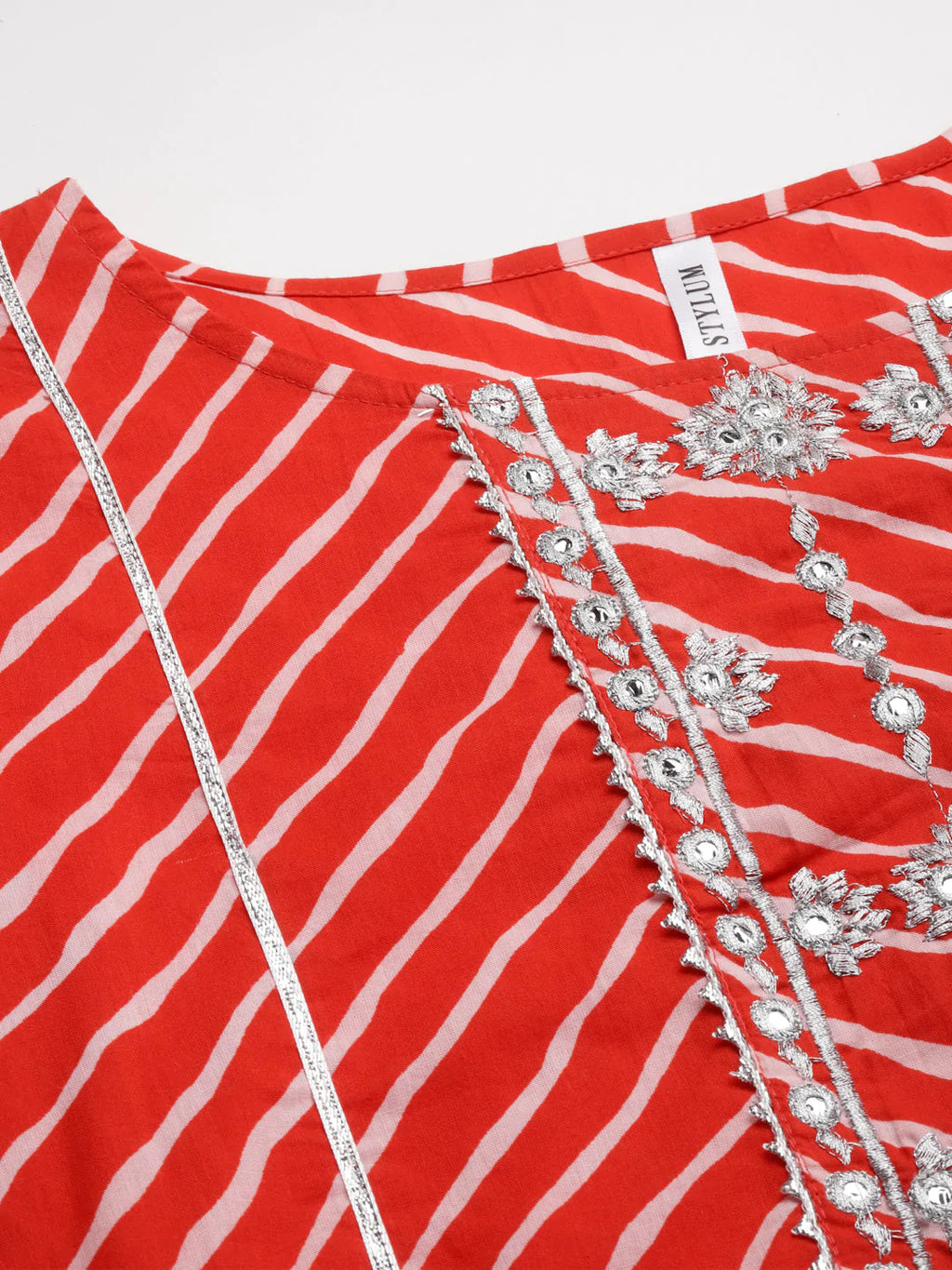 Orange Red Lehariya Printed Cotton Kurti With Embroidery Work