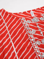 Orange Red Lehariya Printed Cotton Kurti With Embroidery Work