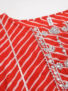 Orange Red Lehariya Printed Cotton Kurti With Embroidery Work
