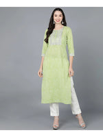 Load image into Gallery viewer, Light Green Lehariya cotton Kurti with Zari Embroidery work (Top Only)
