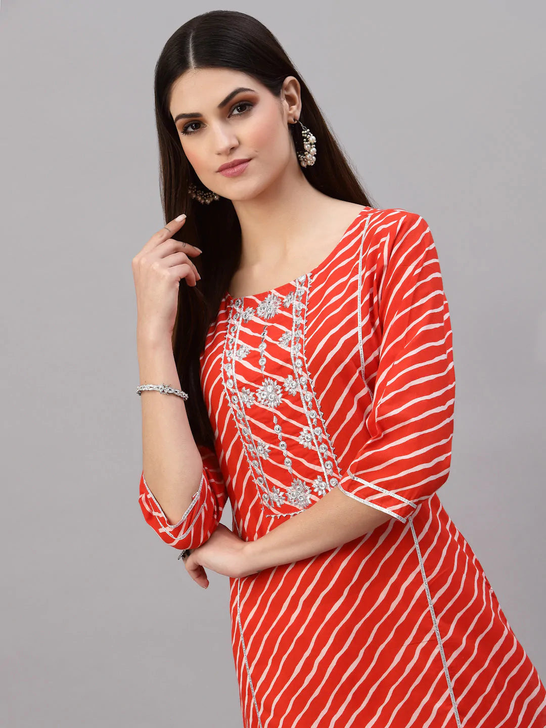 Orange Red Lehariya Printed Cotton Kurti With Embroidery Work