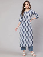 Load image into Gallery viewer, Blue Block Printed Cotton Kurti With Pants
