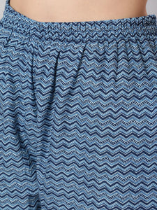 Blue Block Printed Cotton Kurti With Pants