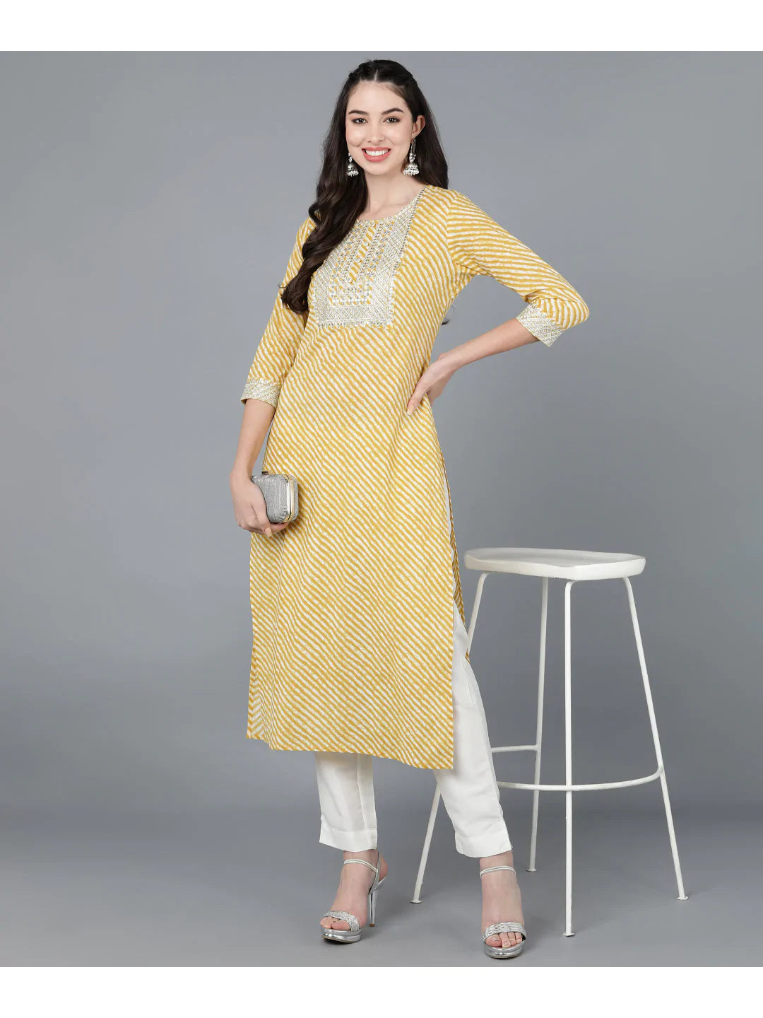 Yellow Lehariya cotton Kurti with Zari Embroidery work